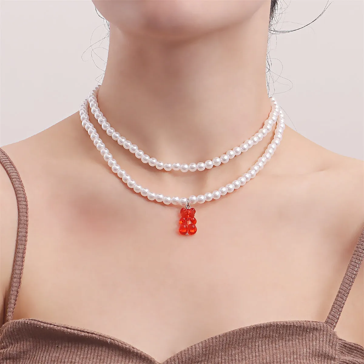 Red Acrylic & Pearl Bear Layered Pendant Necklace