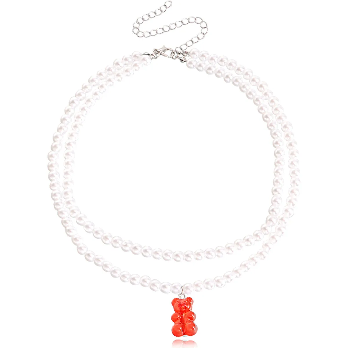 Red Acrylic & Pearl Bear Layered Pendant Necklace
