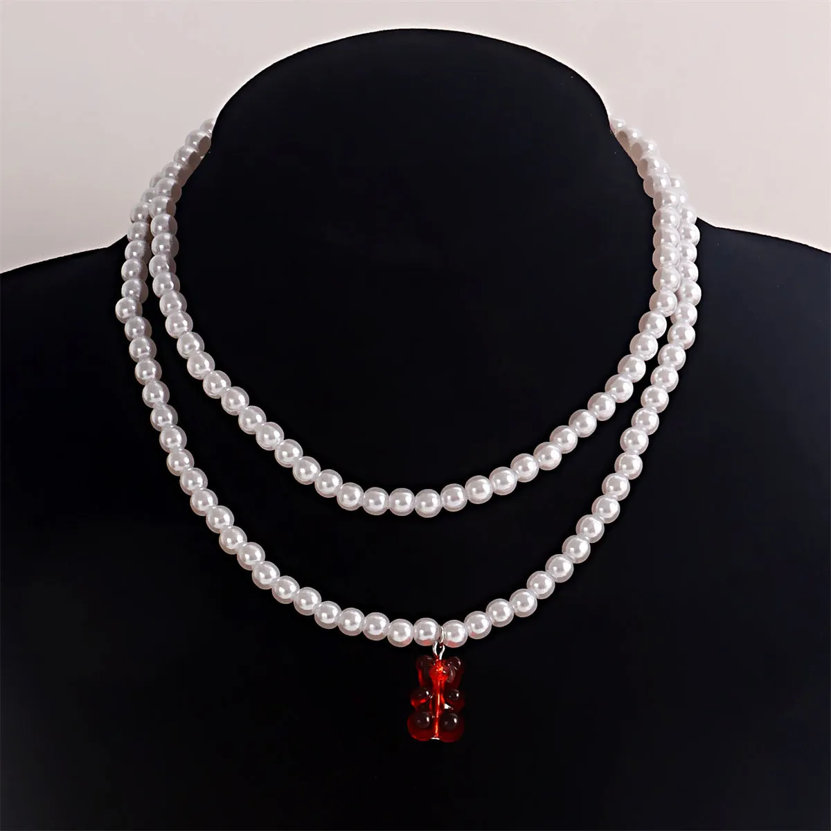 Red Acrylic & Pearl Bear Layered Pendant Necklace