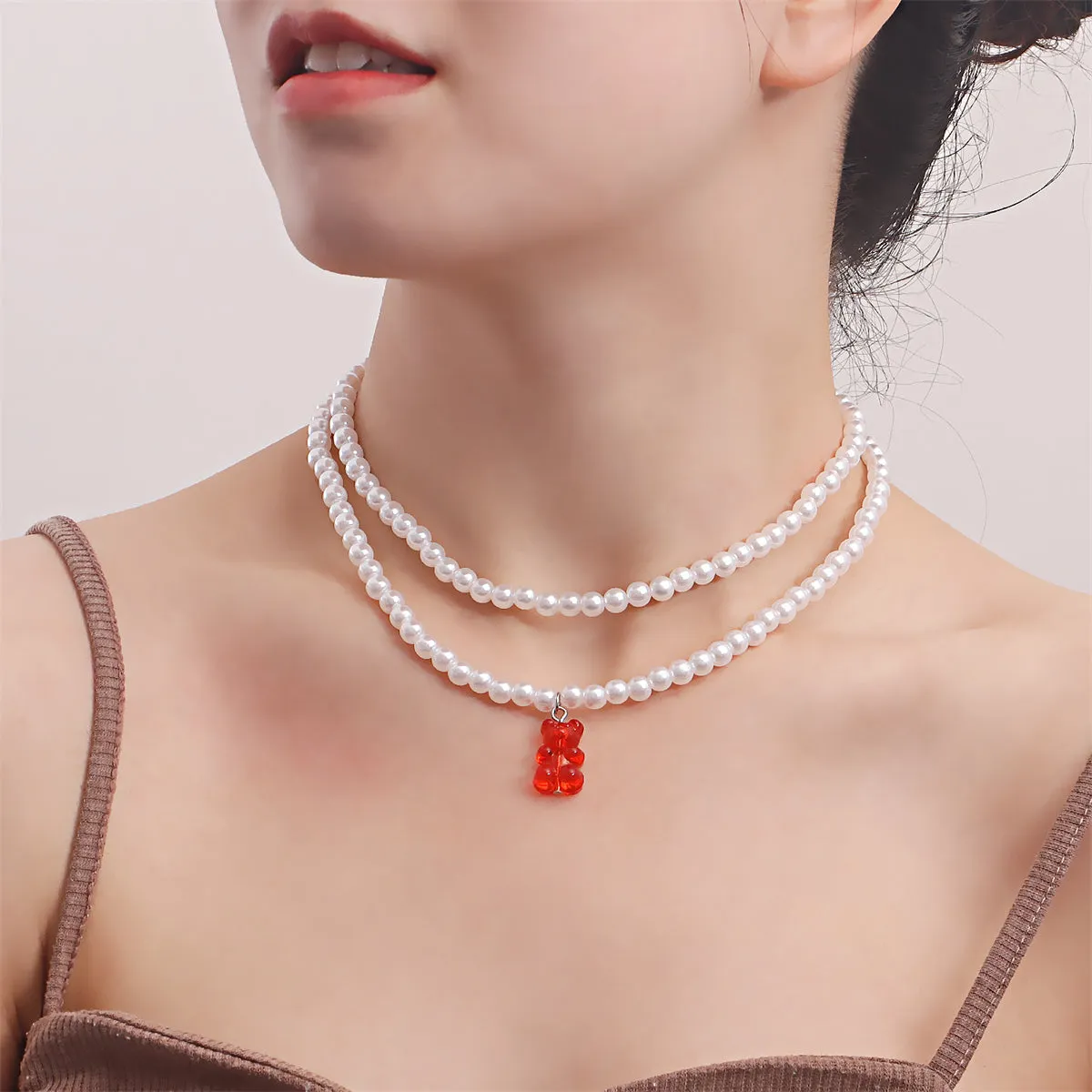 Red Acrylic & Pearl Bear Layered Pendant Necklace
