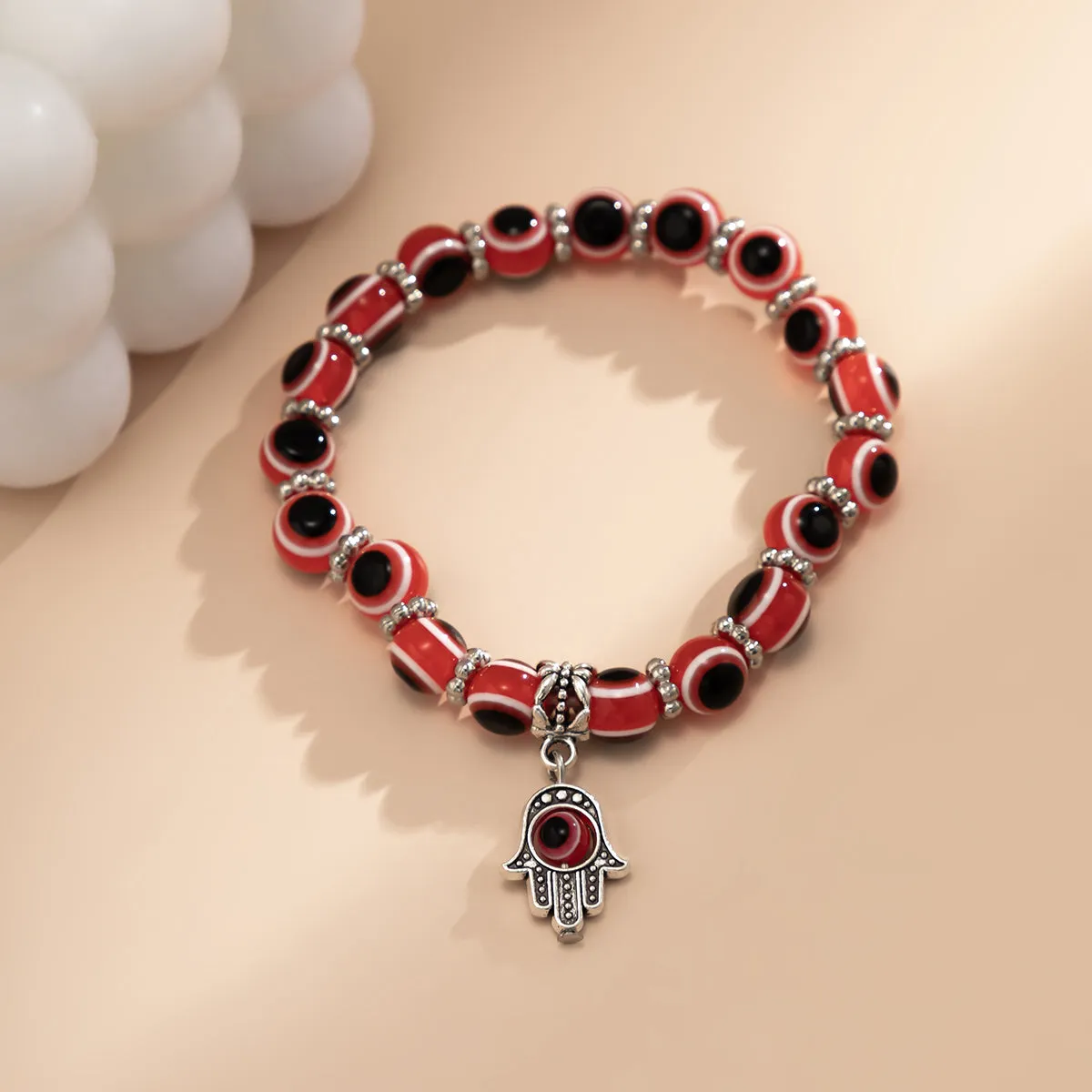Red Acrylic & Silver-Plated Evil Eye Hamsa Charm Bracelet