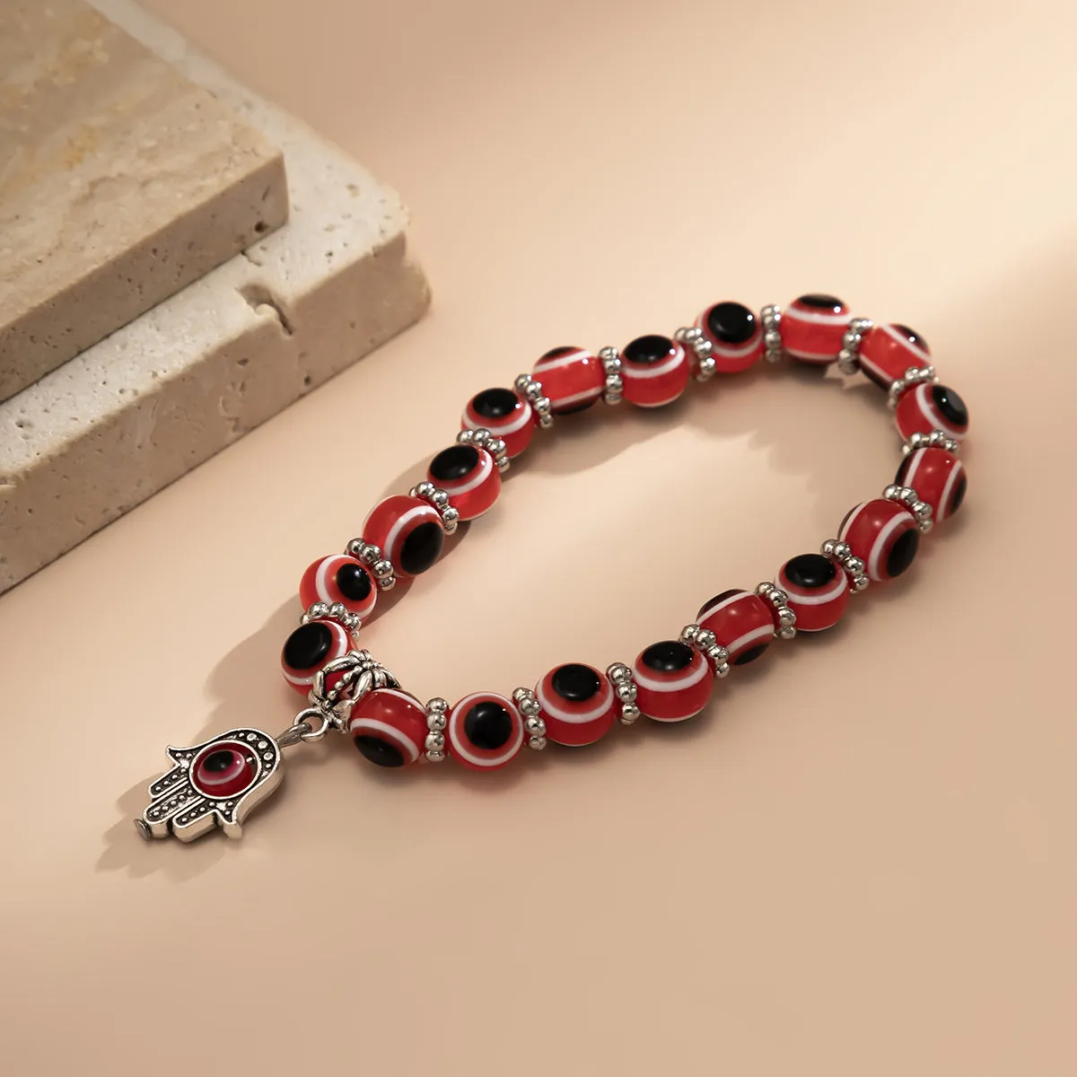 Red Acrylic & Silver-Plated Evil Eye Hamsa Charm Bracelet