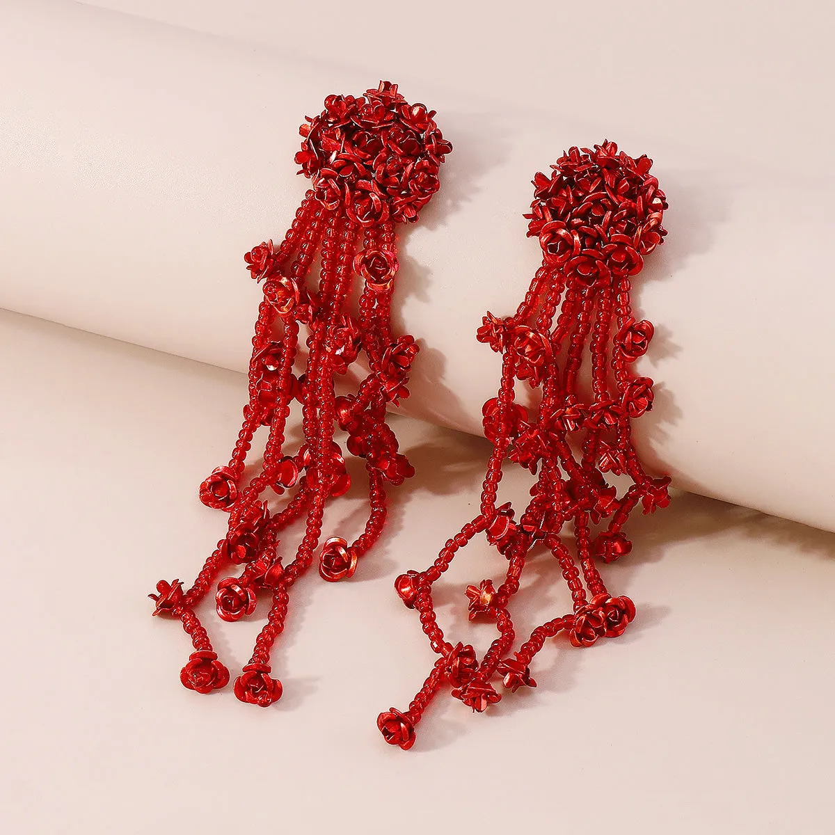 Red Acrylic & Silver-Plated Flower Tassel Drop Earrings