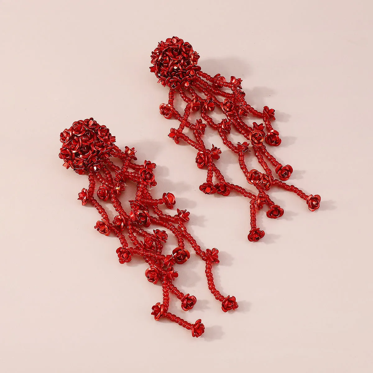 Red Acrylic & Silver-Plated Flower Tassel Drop Earrings