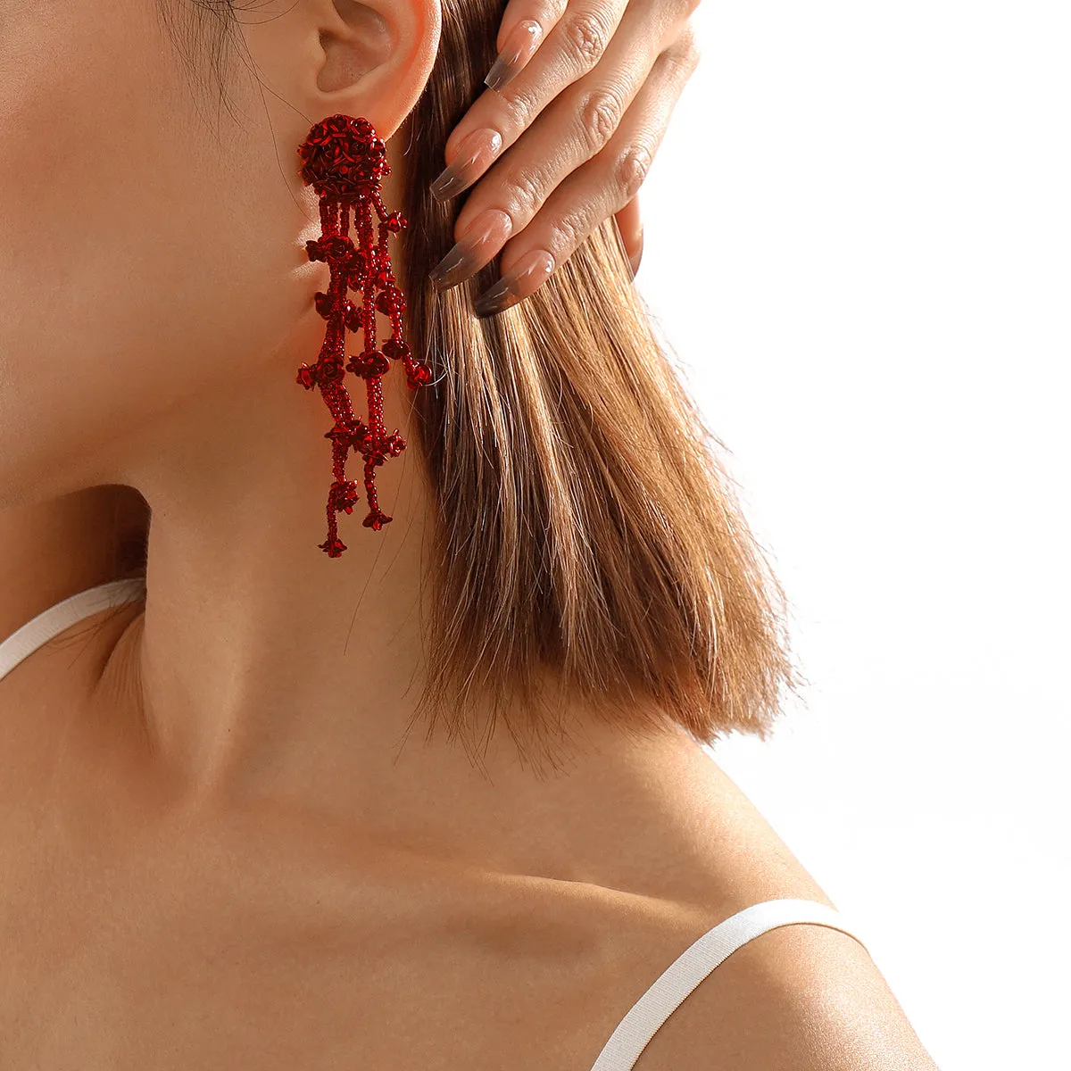 Red Acrylic & Silver-Plated Flower Tassel Drop Earrings