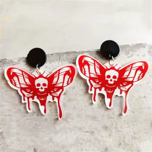 Red Acrylic & Silver-Plated Skull Bat Drop Earring