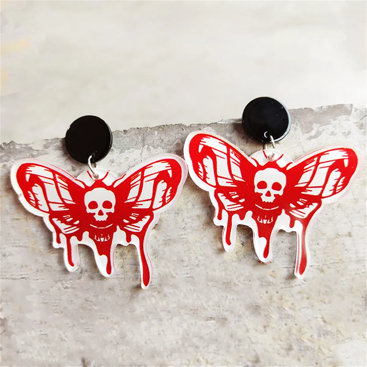 Red Acrylic & Silver-Plated Skull Bat Drop Earring