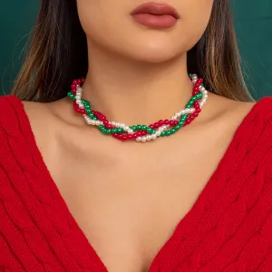 Red & Green Acrylic Pearl Crossing Necklace