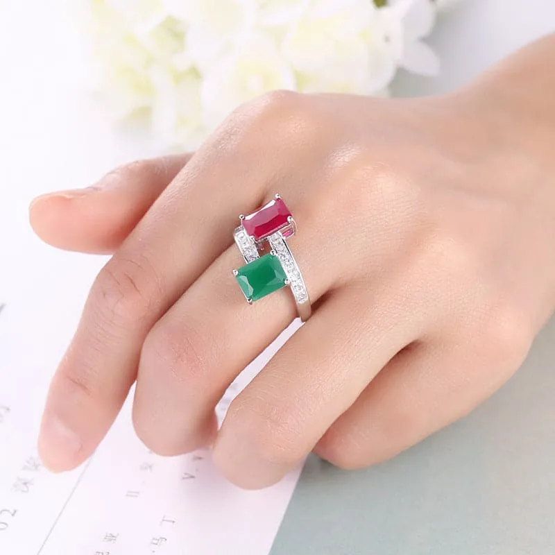 Red & Green Corundum Crystal Emerald-Cut Bypass Ring