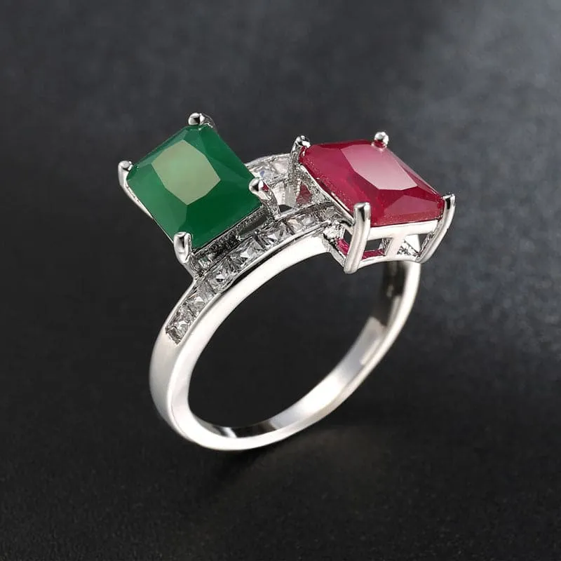 Red & Green Corundum Crystal Emerald-Cut Bypass Ring