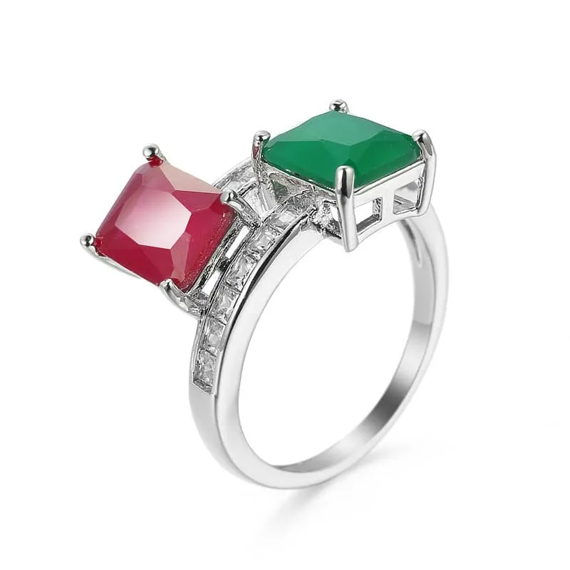 Red & Green Corundum Crystal Emerald-Cut Bypass Ring