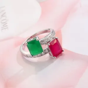 Red & Green Corundum Crystal Emerald-Cut Bypass Ring