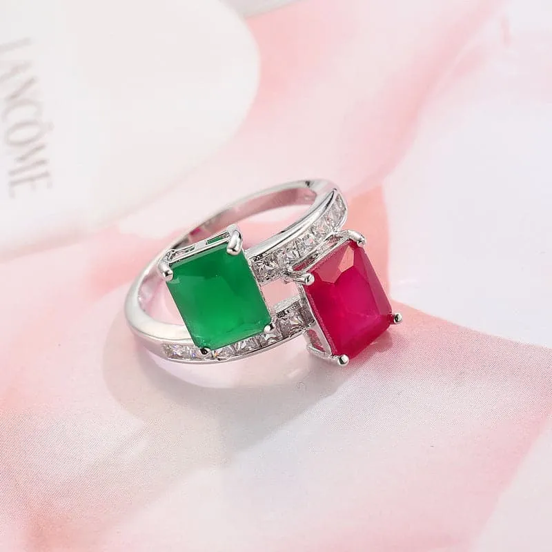 Red & Green Corundum Crystal Emerald-Cut Bypass Ring
