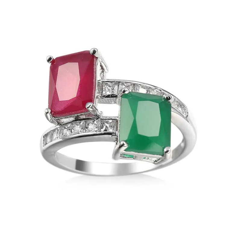 Red & Green Corundum Crystal Emerald-Cut Bypass Ring