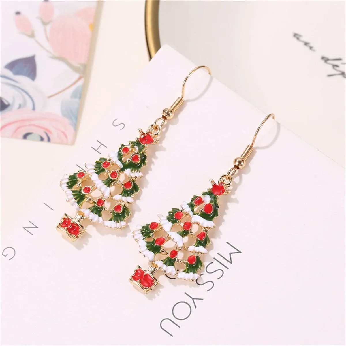 Red & Green Enamel Openwork Christmas Tree Drop Earrings