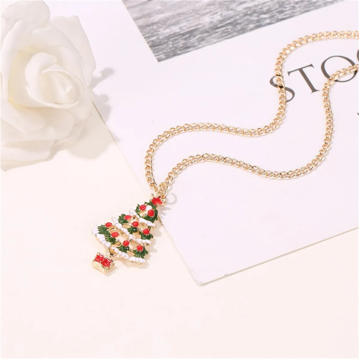 Red & Green Enamel Openwork Christmas Tree Pendant Necklace