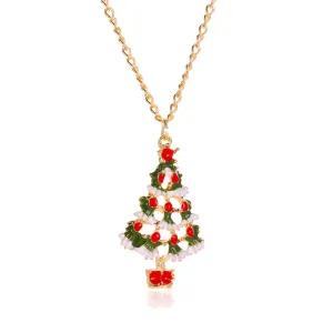 Red & Green Enamel Openwork Christmas Tree Pendant Necklace