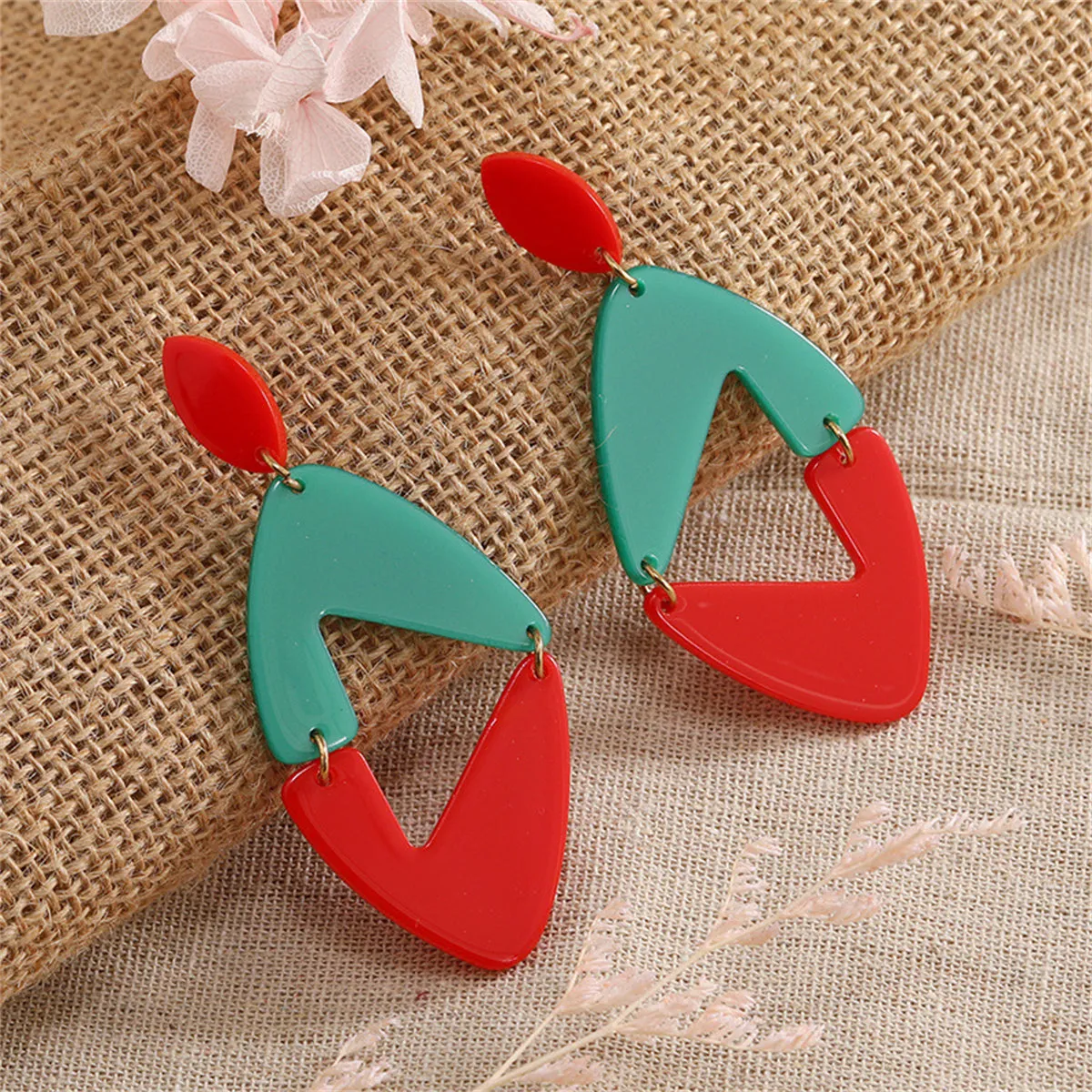 Red & Green Openwork Rhombus Drop Earrings