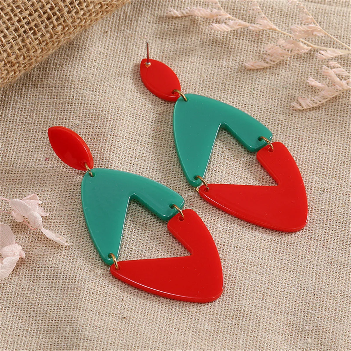 Red & Green Openwork Rhombus Drop Earrings