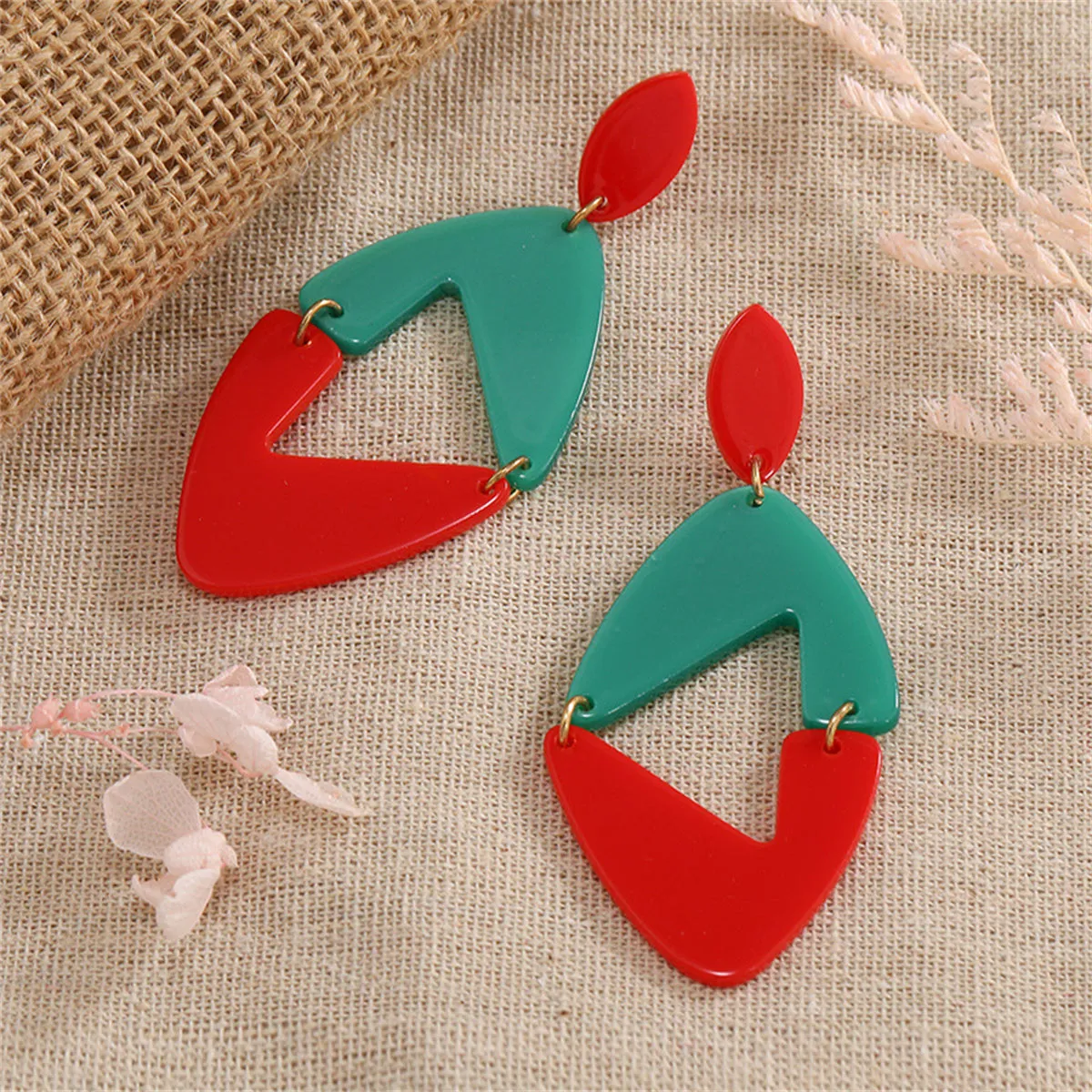 Red & Green Openwork Rhombus Drop Earrings