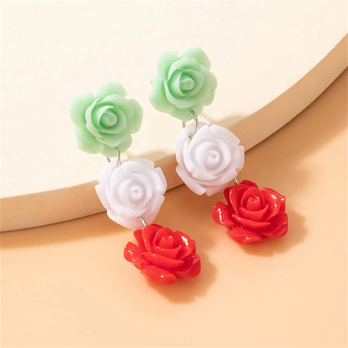 Red & Green Rose Drop Earrings