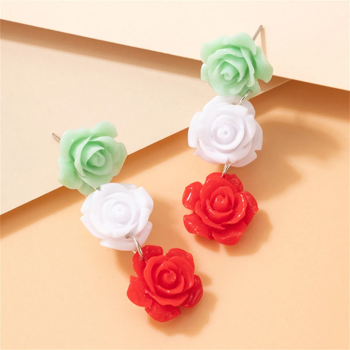 Red & Green Rose Drop Earrings