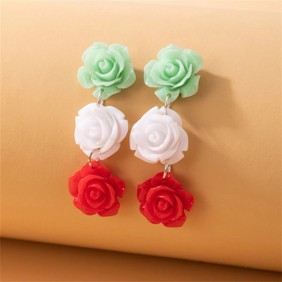 Red & Green Rose Drop Earrings