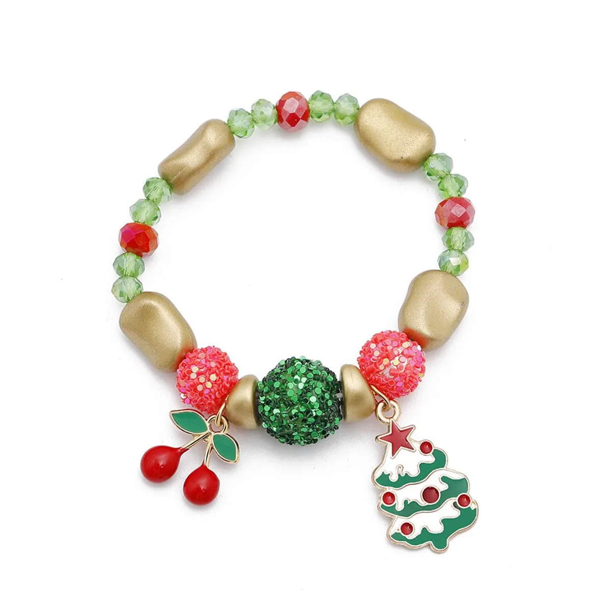 Red & Green Sparkle Tree & Mistletoe Stretch Charm Bracelet