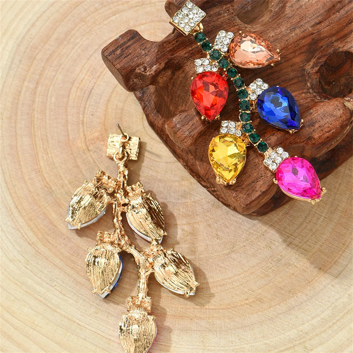 Red & Pink Crystal Leaves Drop Earrings