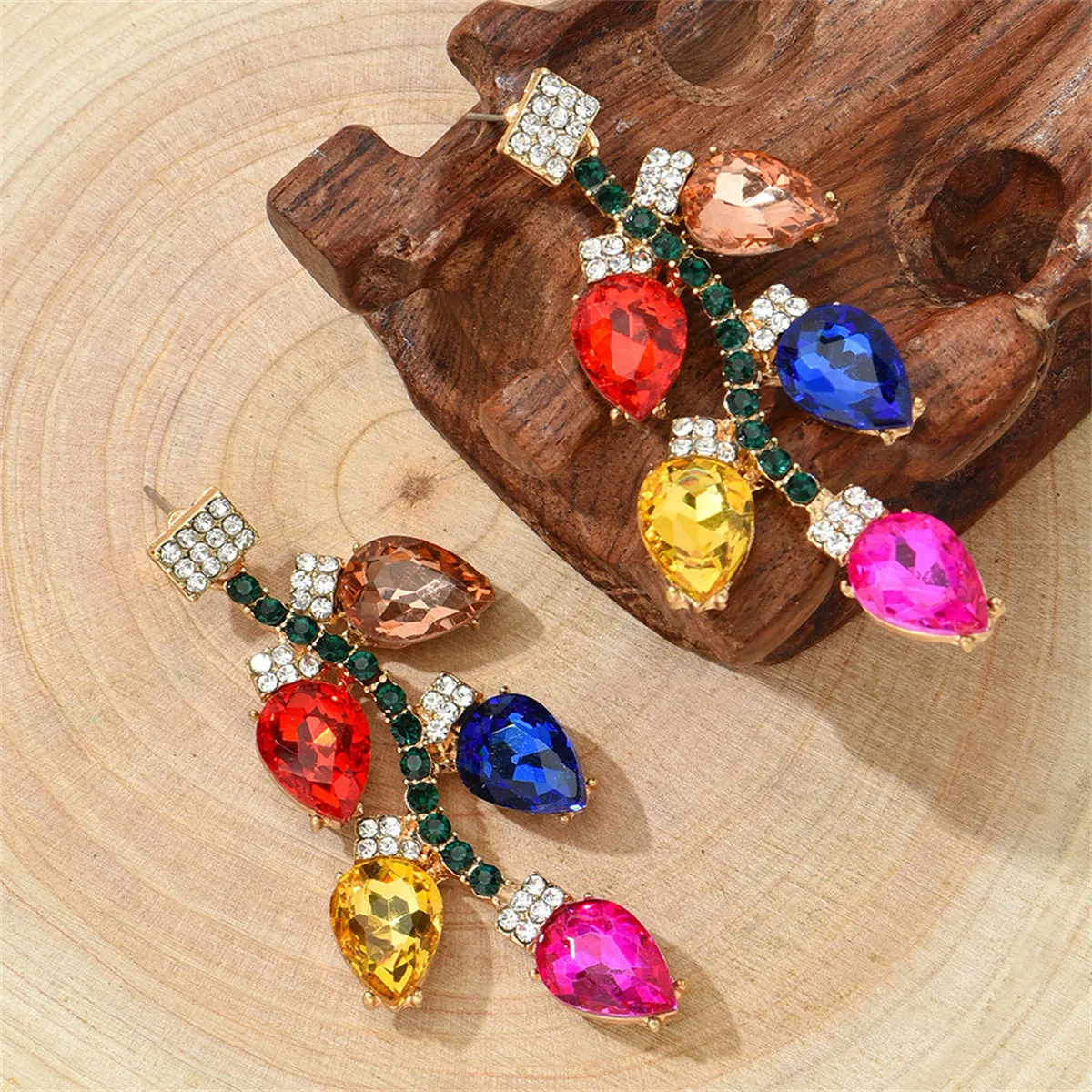 Red & Pink Crystal Leaves Drop Earrings
