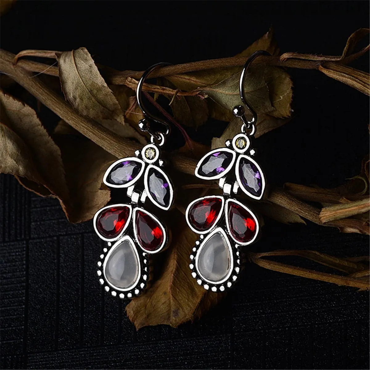 Red & Purple Crystal & Cat's Eye Teardrop Earrings
