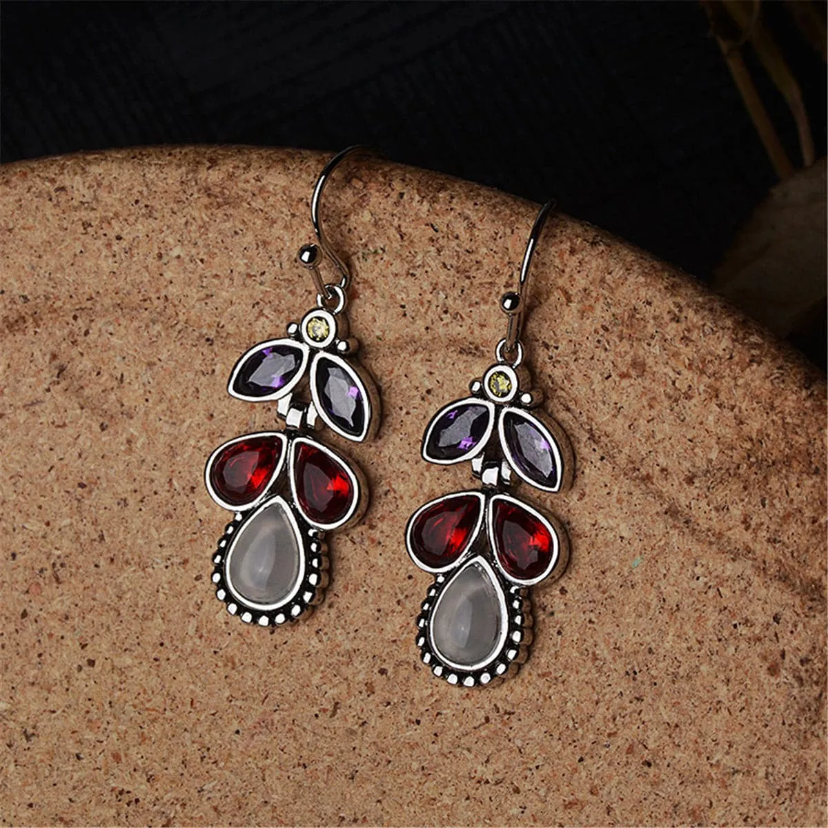 Red & Purple Crystal & Cat's Eye Teardrop Earrings