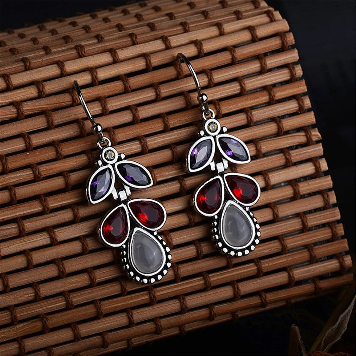 Red & Purple Crystal & Cat's Eye Teardrop Earrings