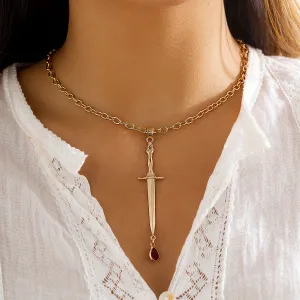 Red Crystal & 18K Gold-Plated Sword Pendant Necklace