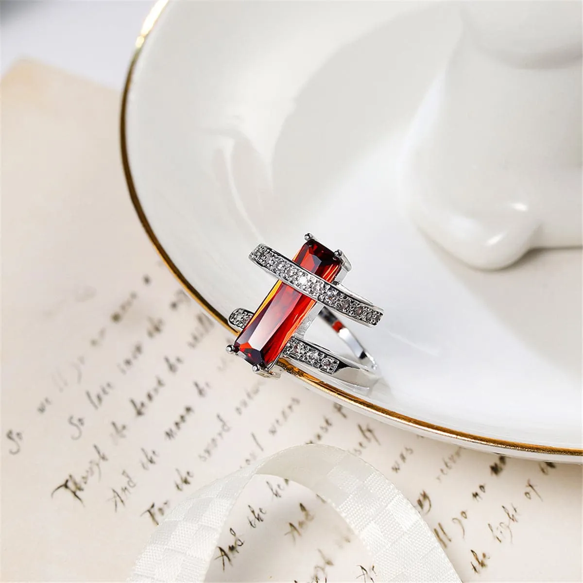 Red Crystal & Cubic Zirconia Bypass Ring