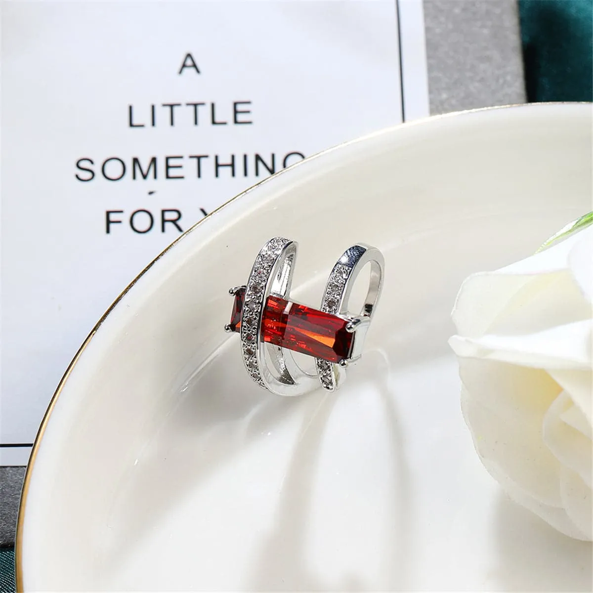 Red Crystal & Cubic Zirconia Bypass Ring