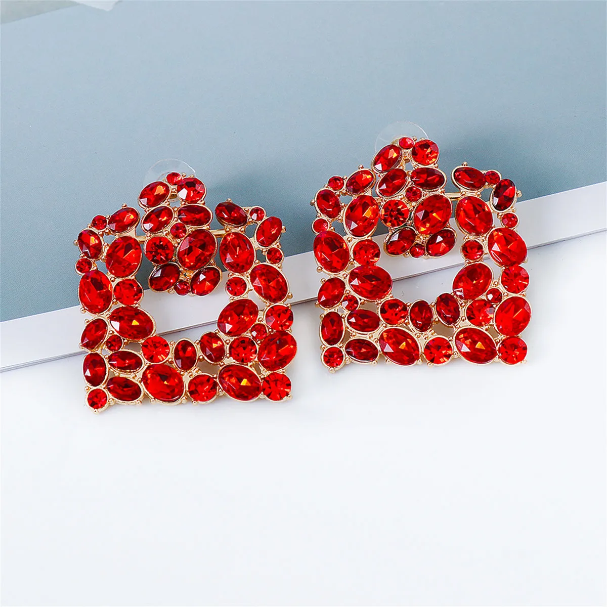 Red Crystal & Cubic Zirconia Cluster Drop Earrings