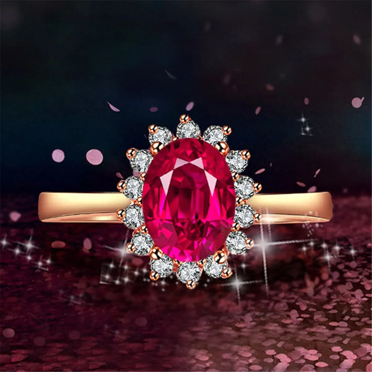 Red Crystal & Cubic Zirconia Floral Edge Adjustable Ring
