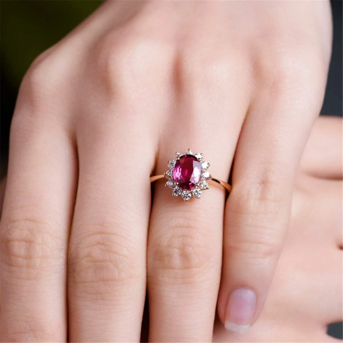 Red Crystal & Cubic Zirconia Floral Edge Adjustable Ring
