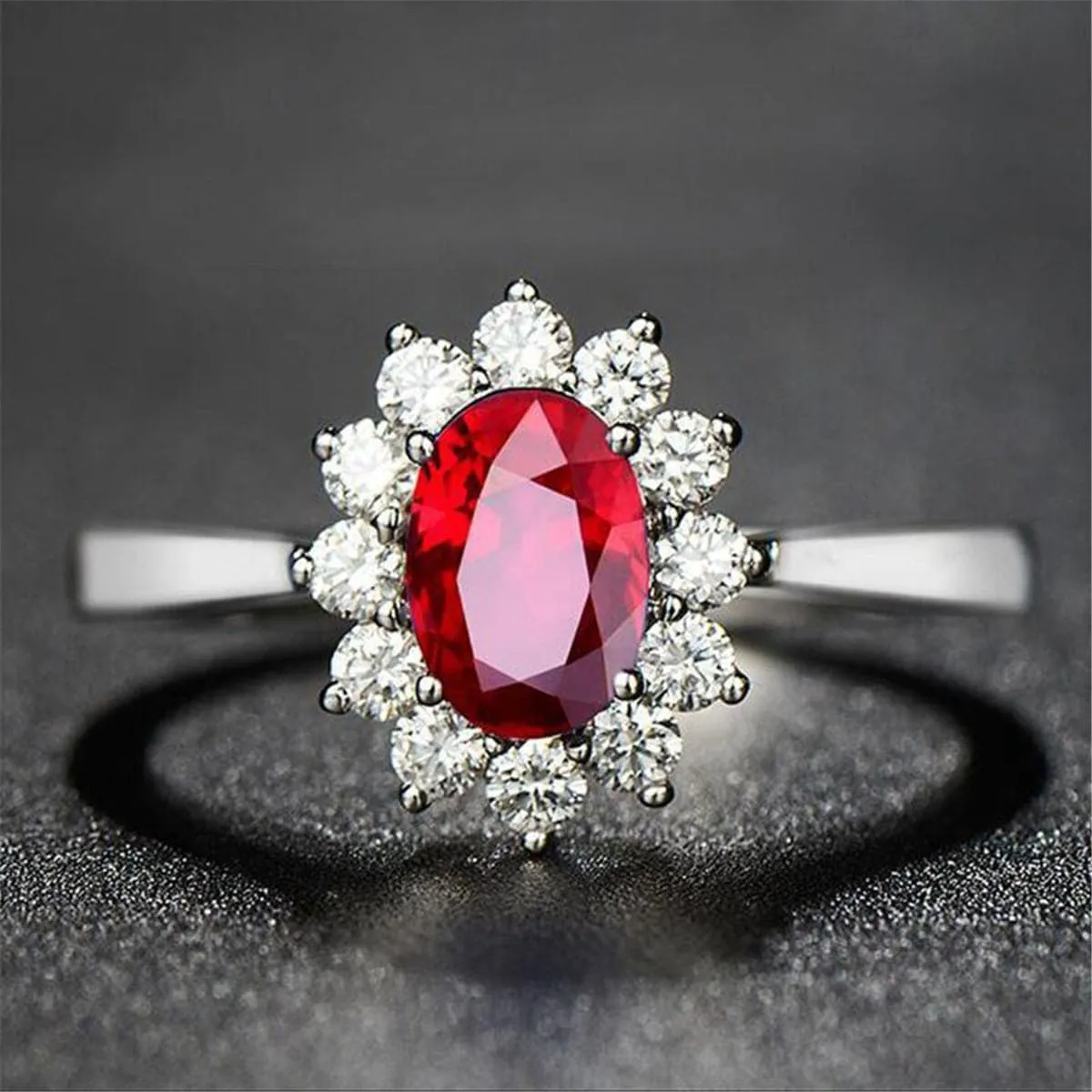 Red Crystal & Cubic Zirconia Floral Edge Adjustable Ring