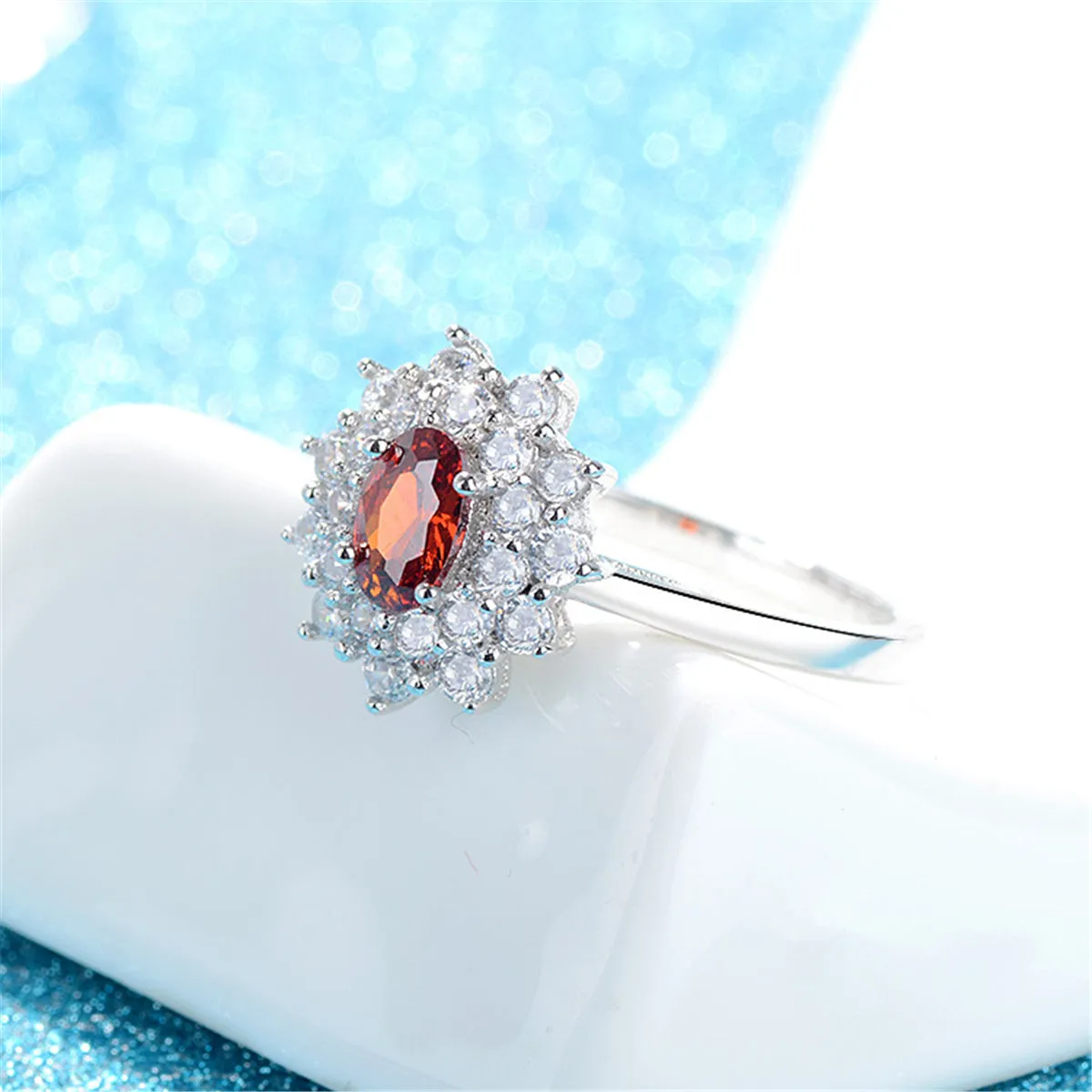 Red Crystal & Cubic Zirconia Floral Ring
