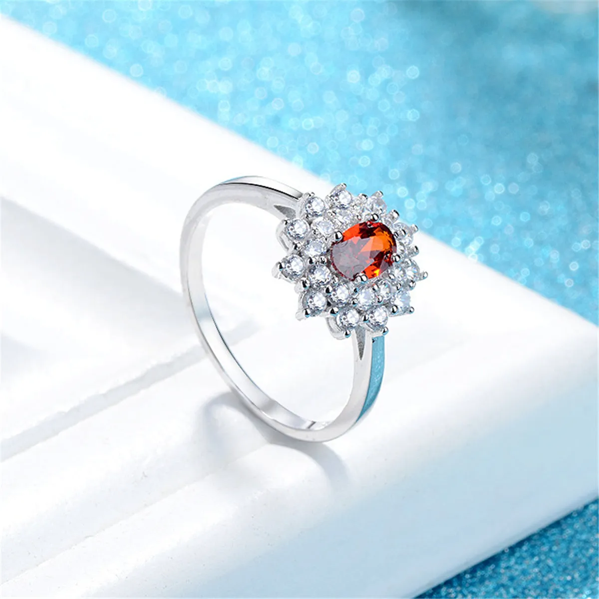 Red Crystal & Cubic Zirconia Floral Ring