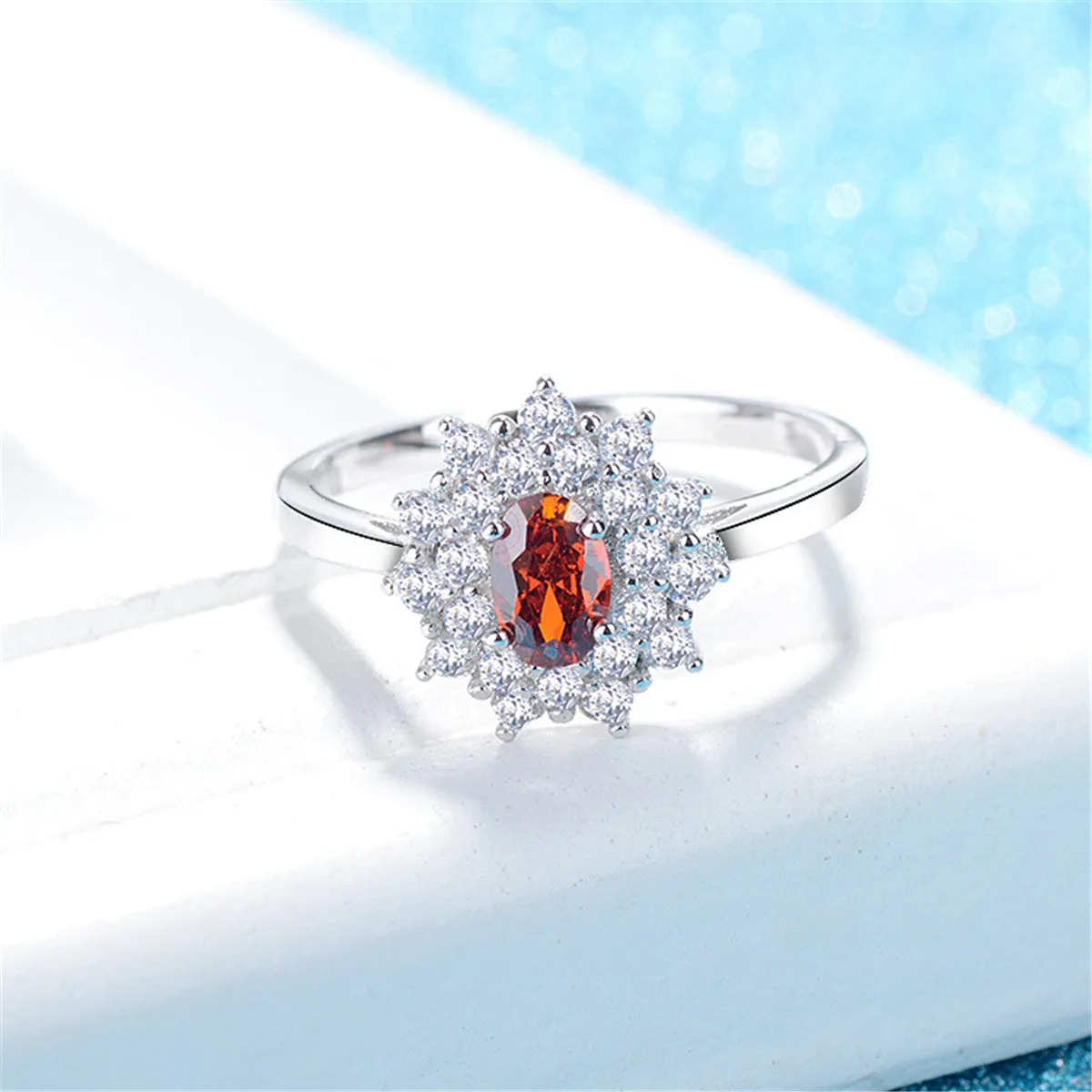 Red Crystal & Cubic Zirconia Floral Ring