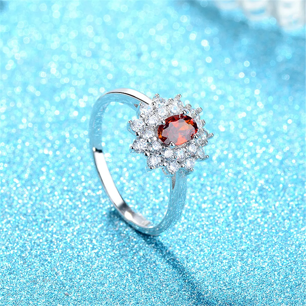Red Crystal & Cubic Zirconia Floral Ring