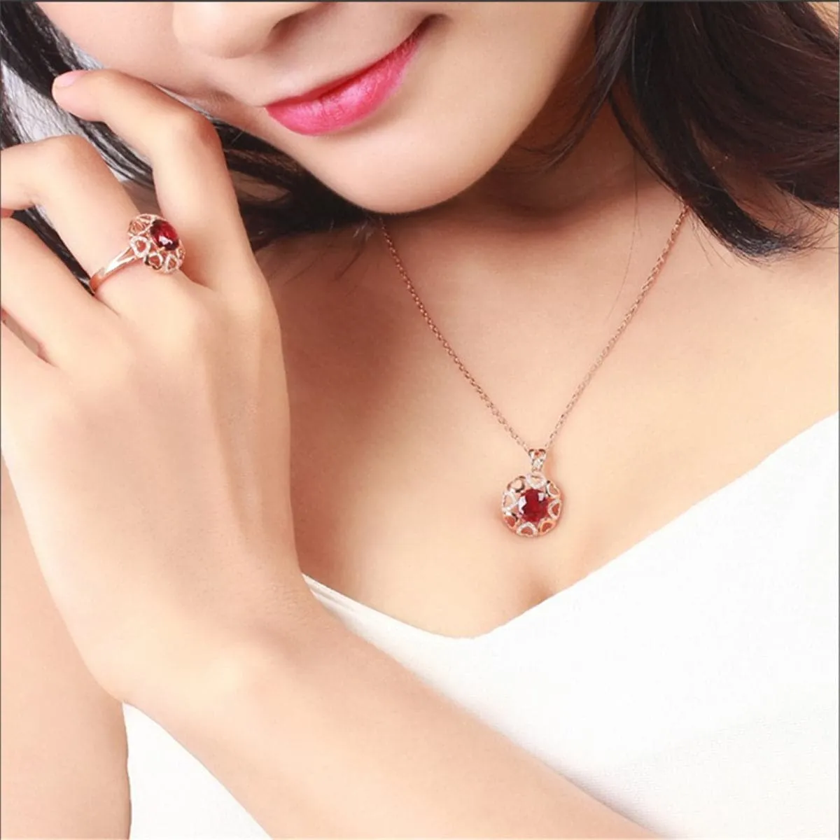 Red Crystal & Cubic Zirconia Heart Pendant Necklace