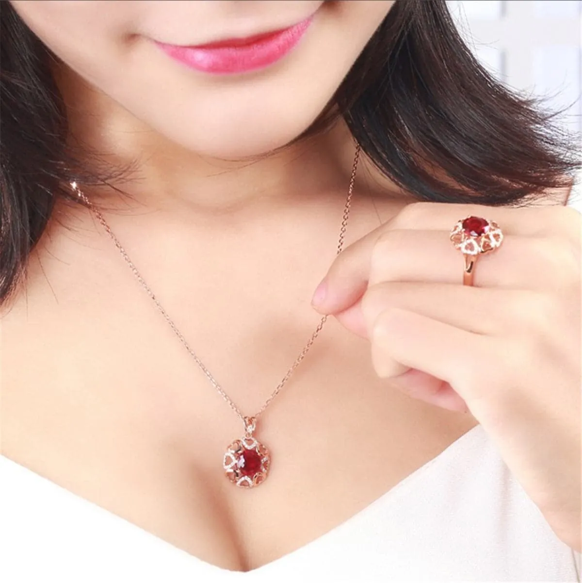 Red Crystal & Cubic Zirconia Heart Pendant Necklace