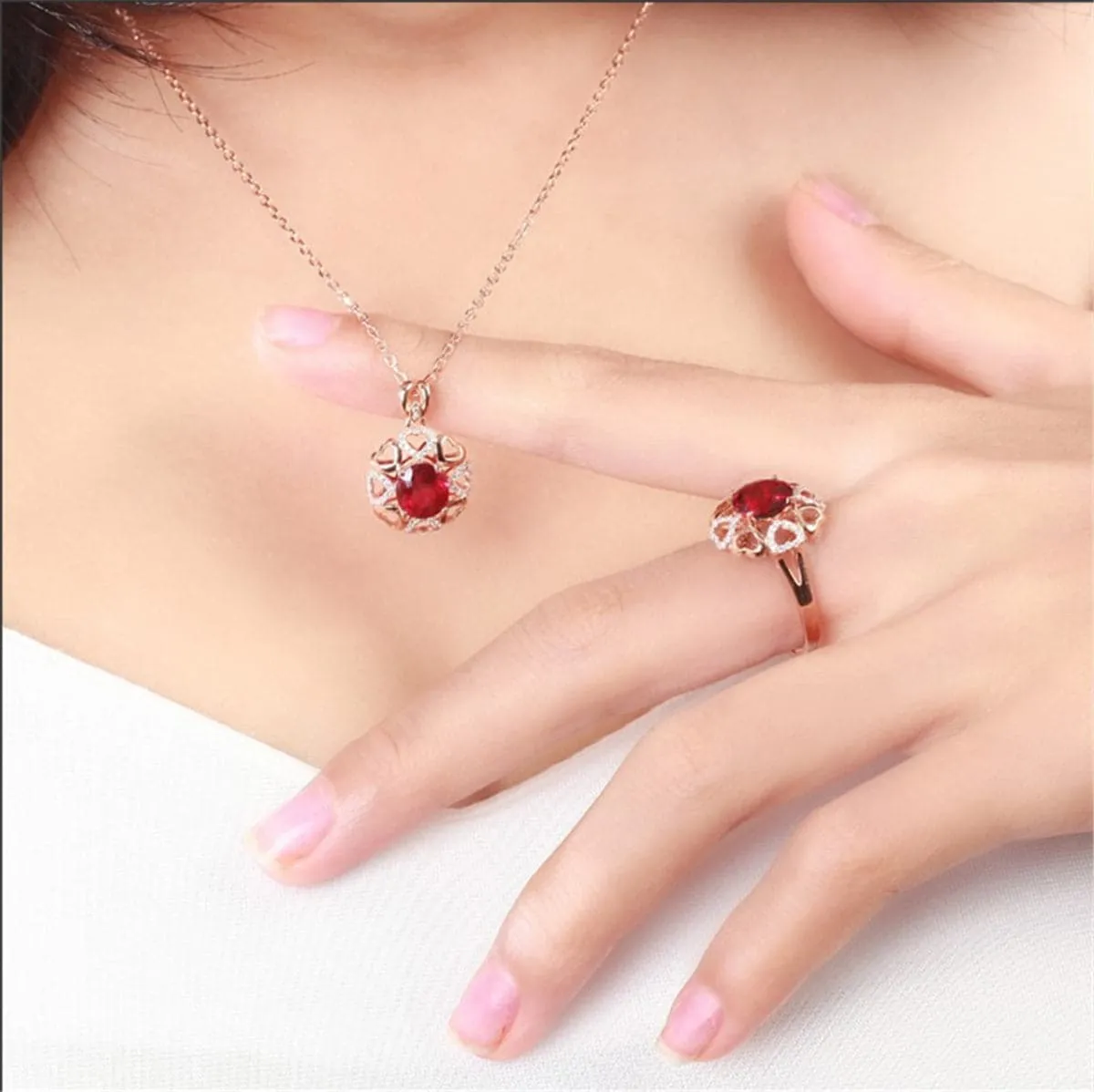 Red Crystal & Cubic Zirconia Heart Pendant Necklace