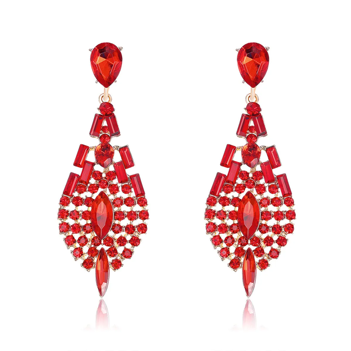 Red Crystal & Cubic Zirconia Ornate Drop Earrings
