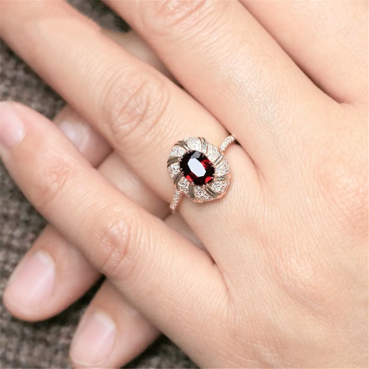 Red Crystal & Cubic Zirconia Oval Floral Ring