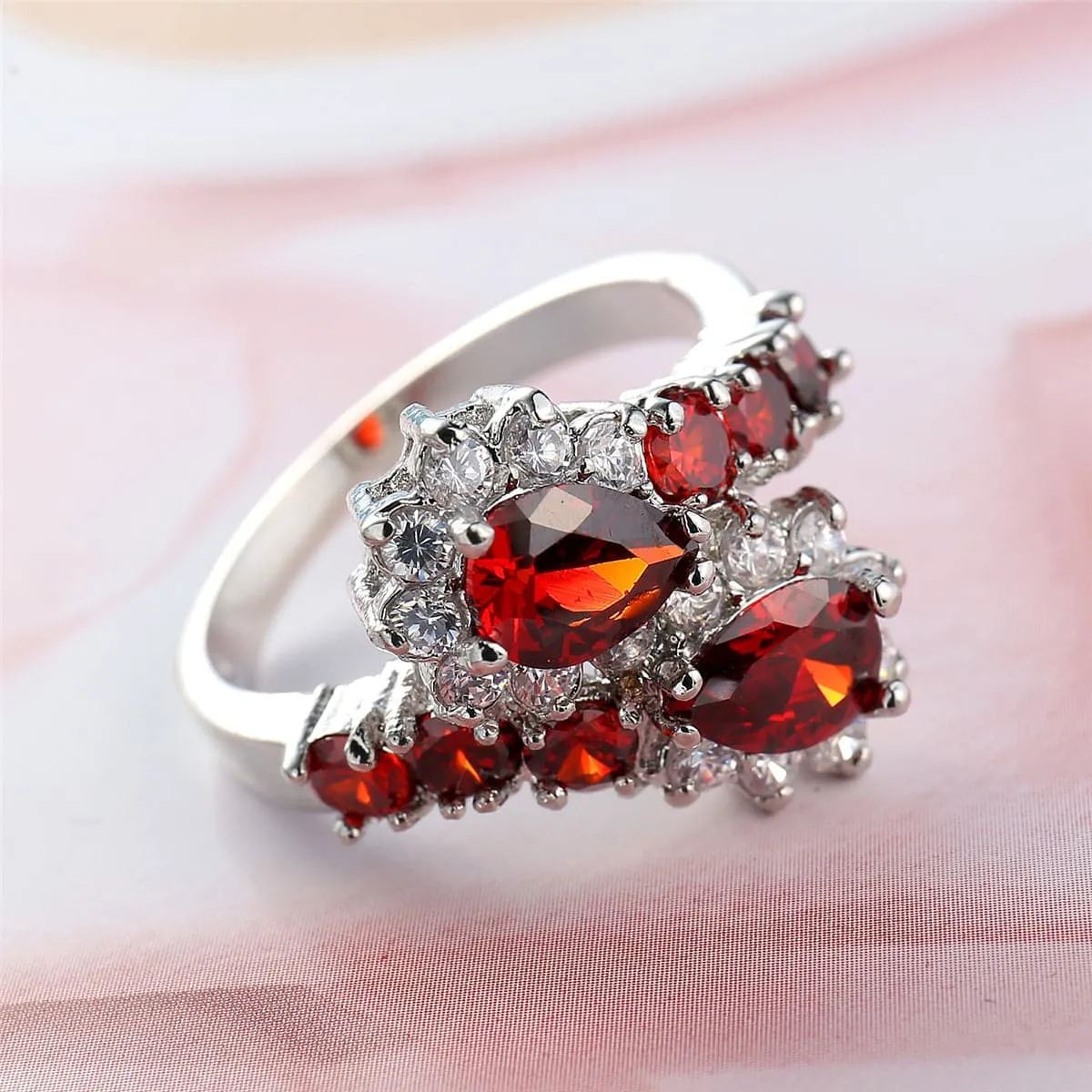 Red Crystal & Cubic Zirconia Pear-Cut Bypass Ring